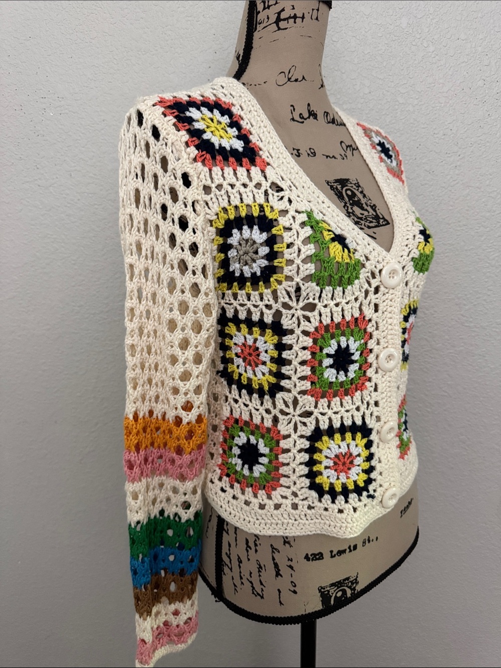 Crochet Patchwork Knit Cardigan Sweater Lightweight Boho Size Medium - Picture 4 of 9